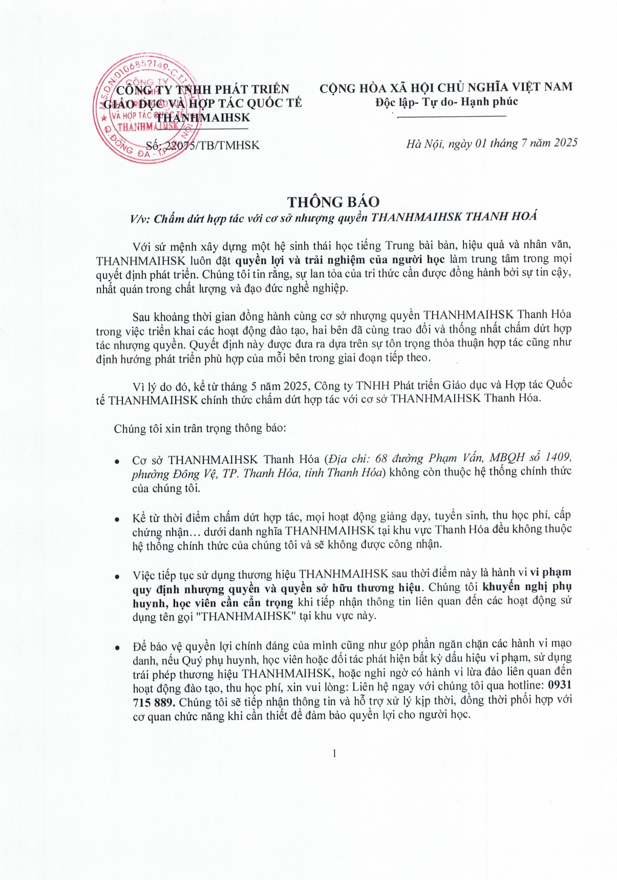 Thông báo ngừng hợp tác với cơ sở BJ888 COM Thanh Hóa 1