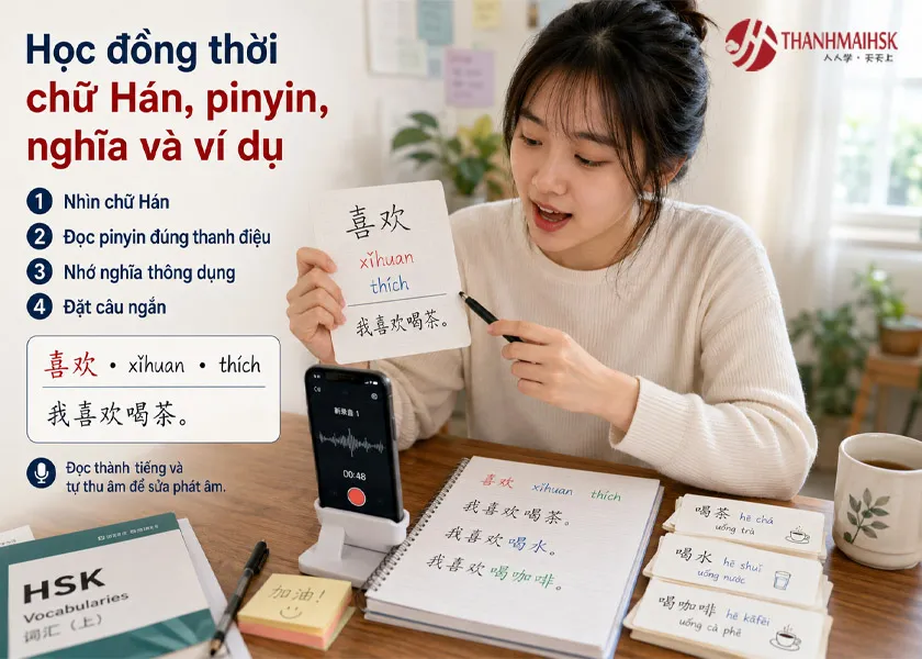Học đồng thời chữ Hán, pinyin, nghĩa và ví dụ